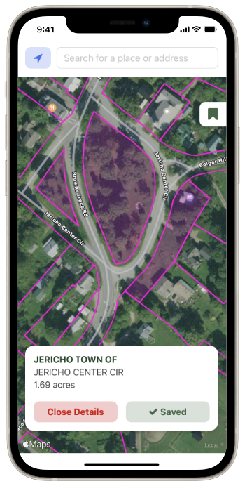 A screenshot of the Vermont Land Boundaries app, highlighting a parcel in Jericho, Vermont.